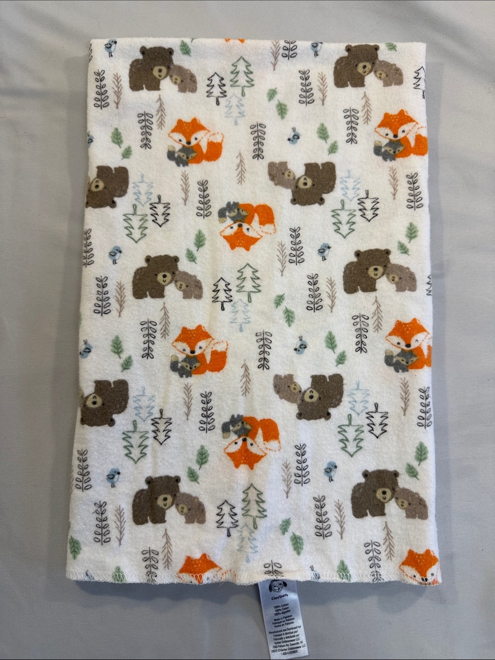 Gerber White Baby flannel receiving blanket with Orange Fox and Brown Bear Print